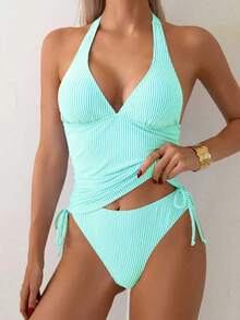 Swim Basics 两件套女士条纹挂脖褶皱系带腰部吊带泳衣，适合夏季海滩度假，女士沙滩装，女士泳衣套装，女士条纹泳衣，女士沙滩装，夏季泳衣，挂脖连体泳衣，女士连体泳衣，塑形泳衣，条纹连体泳衣 - 綠色 - 查看 3