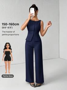 SHEIN PETITE Conjunto elegante de traje de viaje de un solo pecho de unicolor con chaleco de cuello redondo y pantalones para mujer, ropa para mujer de verano y otoño, conjunto de oficina, traje casual de negocios de 2 piezas para otoño, conjunto de blazer para mujer - Azul Marino - Ver 8