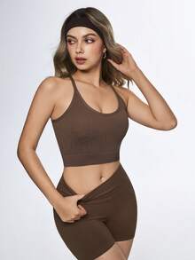 Eassivo 女士无缝高弹豹纹健美操瑜伽健身交叉背带运动文胸 - 彩色 - 查看 5