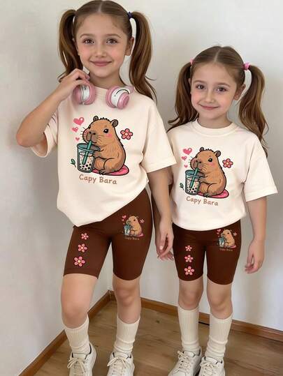 Conjunto de camiseta básica de manga corta y pantalones cortos de ciclista con estampado de dibujos animados de corazón, letra y té de burbujas, para niñas pequeñas y jóvenes, estilo casual y minimalista, adecuado para primavera, verano y otoño