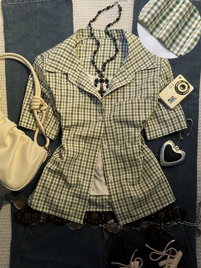 Glimmora 女士休闲复古格子短袖衬衫，Polo领设计，休闲舒适，适合日常穿着、返校季，也可作为礼物送给朋友或搭配服装。