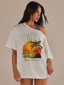 Athîral Women's Loose Fit Open Shoulder Orange Coconut Tree Print Cotton T-Shirt, Suitable For Beach Vacation - White - View 3