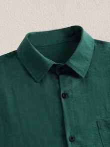 Mercer Haus Kemeja Lengan Pendek Kasual Warna Polos untuk Pria, Cocok untuk Liburan Musim Panas di Pantai Hawaii. - Dark Green - View 3