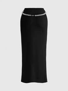 ROMWE Vacation Style Sexy Retro Beaded High Slit Women Skirt - Black - View 2