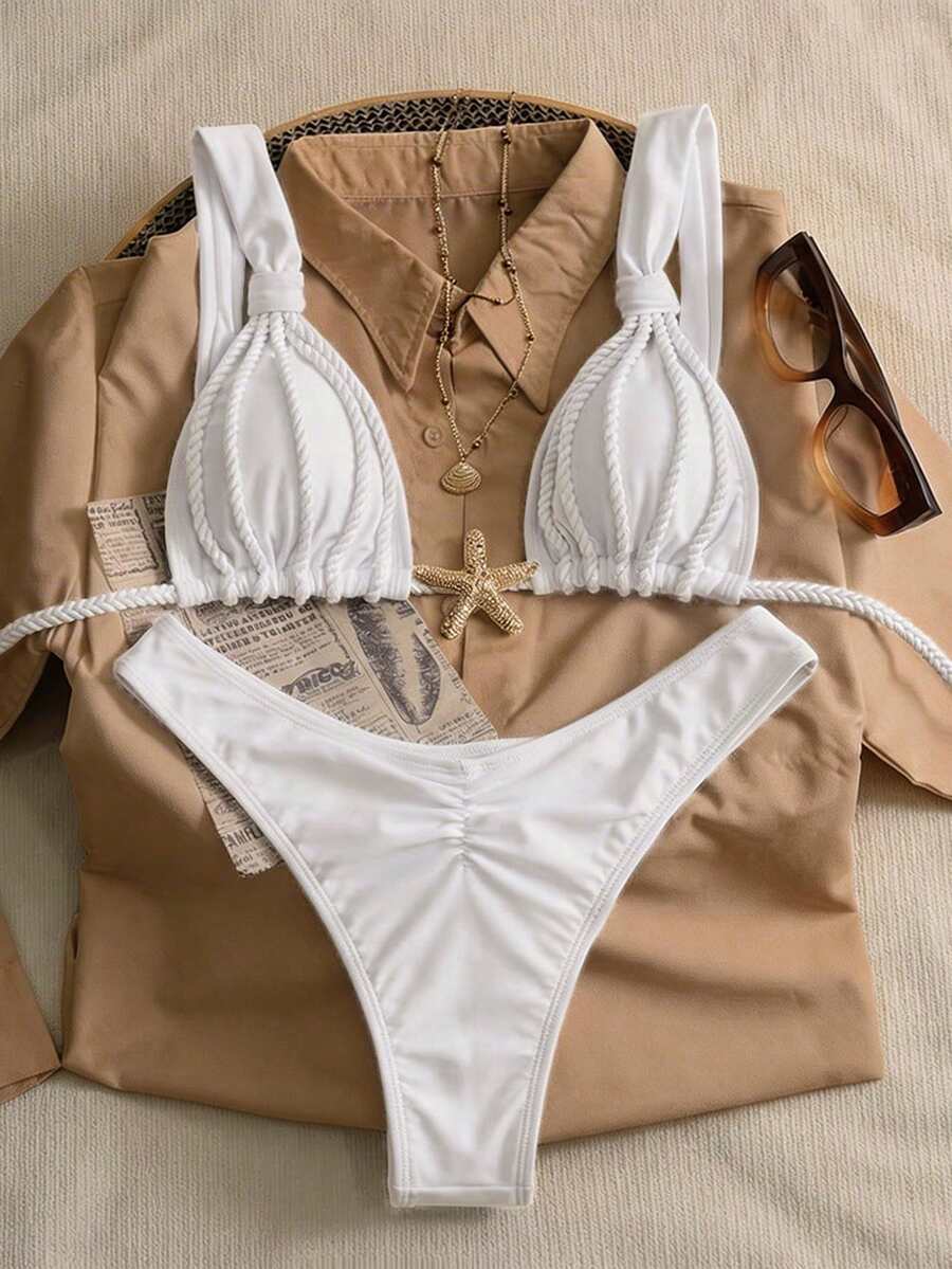 Swim Chiccia 女士两件套复古性感优雅浪漫荷叶边吊带比基尼套装，咖啡棕色，适合海滩、约会穿着。女士泳装两件套泳衣套装，女士泳装套装，女士度假套装，沙滩装，女士泳衣套装，女士两件套泳衣，波斯尼亚和黑塞哥维那 - 白色 - 查看 1