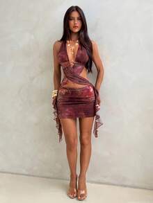 Aloruh Đầm ngắn nữ mùa hè màu nâu thanh lịch, gợi cảm, lãng mạn, thích hợp cho đi biển, dự tiệc, ăn tối, kiểu cổ yếm, khoét lưng, buộc dây, xếp nếp ở gấu đầm. - Nhiều màu - Xem 4