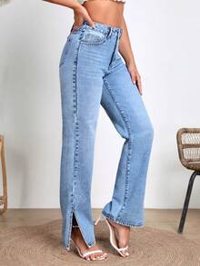 SHEIN PETITE Women's Straight Leg Slit Denim Jeans, Street Style - Blue - View 4