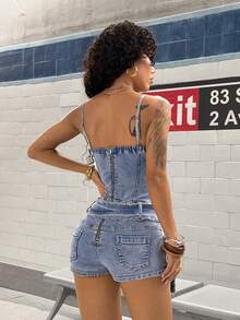 StreetHx Bộ jumpsuit và quần yếm denim rách ôm sát gợi cảm dành cho nữ, kiểu dáng thường ngày. - Rửa trung bình - Xem 2