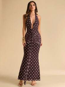 SHEIN BAE Đầm đuôi cá cổ yếm cổ chữ V sâu chấm bi dành cho nữ, đầm chấm bi, đầm thanh lịch, đầm đi nghỉ mát, đầm xuân/hè. - màu nâu - Xem 6