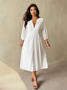 Auralis Plus Size Casual Solid Color Deep V-Neck Dress Work Outfits For Women Office Outfits For Women Office Attire For Women White Dress White Dresses For Women - White - View 7