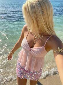 Sundraya 女士度假沙滩亮片扭结吊带背心 - 粉色 - 查看 5