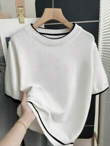 男士休闲撞色滚边圆领短袖针织上衣 - 白色 - 查看 3