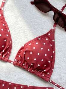 Swim Mod Set Bikini Segitiga Halter Pinggang Rendah Seksi Motif Polkadot Burgundy untuk Wanita Musim Panas - Merah - View 4