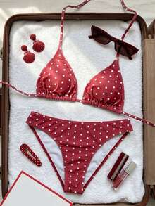 Swim Mod Set Bikini Segitiga Halter Pinggang Rendah Seksi Motif Polkadot Burgundy untuk Wanita Musim Panas - Merah - View 5