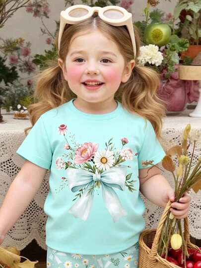 Baby Girl Casual Floral & Bow Print Round Neck Short Sleeve T-Shirt Top, Suitable For Outdoor Summer, Daisy Pattern Print Summer Tops