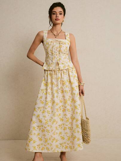 Poéselle French Elegant Yellow Ditsy Floral Camisole And Skirt 2 Pieces Set,Yellow Top&Skirt,Elegant Women's Set,Casual Sets For Women,Holiday Outfits For Women,Vacation Outfits Women,Country Style For Women,Floral Dress ,Perfect For Vacation, Travel, Weekend, And Tea Break Wear,Spring/Summer