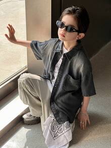 Dazy Kids Tween Boy Solid Color Front Button Pocket Casual Short Sleeve Denim Shirt Summer - Grey - View 2