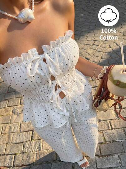 Sunnyshic White Polka Dot Print Organic Cotton Ruffled Strapless Tie Front Backless Top And High Waist Wide Leg Pants Set, Elegant Casual Vacation Beach Outfit For Women, Spring/Summer