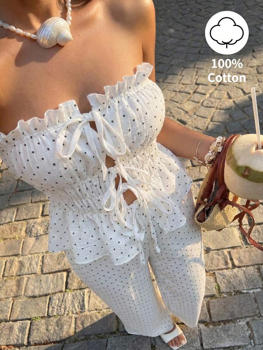 Sunnyshic Bộ đồ gồm áo quây không dây buộc phía trước và quần ống rộng cạp cao bằng vải cotton hữu cơ in chấm bi trắng, kiểu dáng thanh lịch, thoải mái, thích hợp cho kỳ nghỉ hè, đi biển dành cho nữ. - trắng - Xem 1