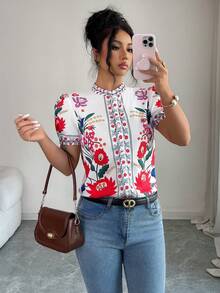 SHEIN Elenzya Elegant Vacation Style Printed Keyhole Neck Petal Sleeve Blouse, Summer - Multicolor - View 3