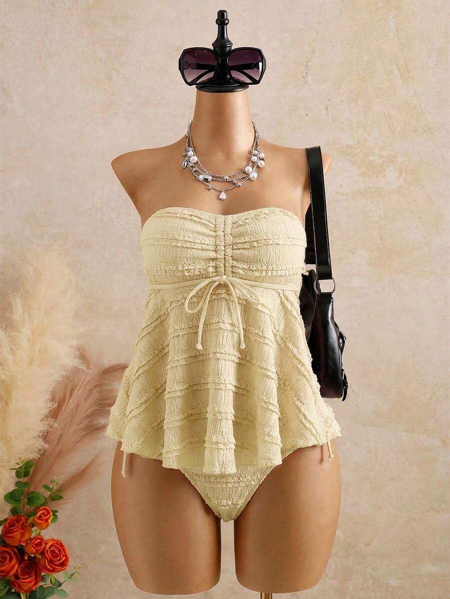 Bellisia 女士度假轻薄纹理面料酒红色无肩带可拆卸肩带迷你裙可爱吊带比基尼上衣 - 黃色 - 查看 1