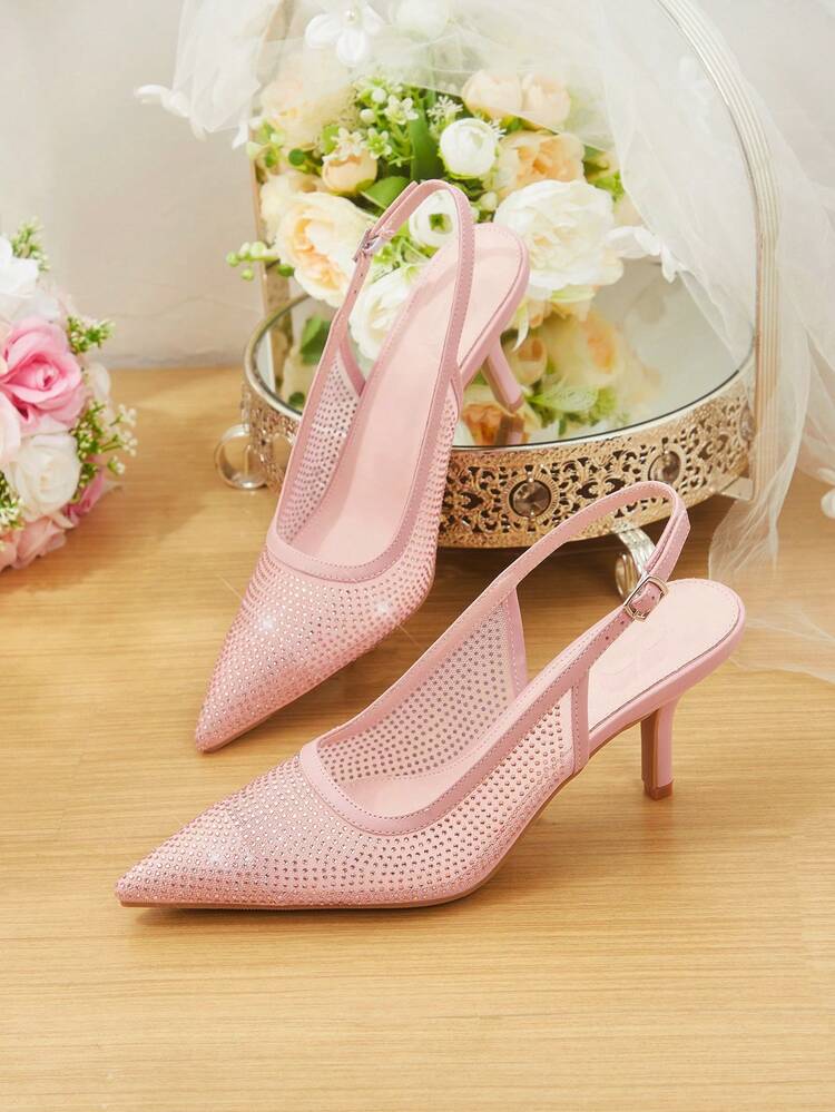 CUCCOO HITCHD Spring And Autumn New Product Pink Thin Heel Pointed Toe Mesh Hollow Rhinestone Fashion Sexy Women's High Heel Shoes