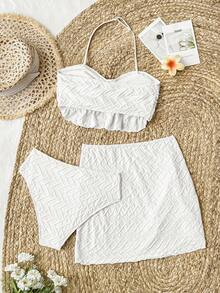 SHEIN Teen Girl 3 PiecesTextured Knit Seashell Chain Spaghetti Strap Bikini Set, Suitable For Beach, Music Festival, Vacation, Hawaii - White - View 2