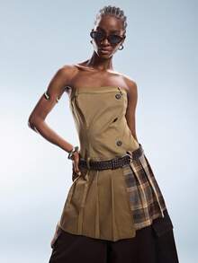 GENKIRA 不对称撞色格纹拼接褶裥下摆抹胸连衣裙，解构复古学院风，卡其色，适合春夏街头、约会、时尚ins风穿搭 - 彩色 - 查看 6