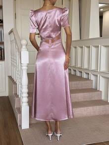 DAZY Lace & Satin V-Neck Waist Cinched Midi Dress With Puff Sleeves, Suitable For Banquet, Holiday, Easter Party, Summer Sun Dresses For Women - Mauve Purple - View 2