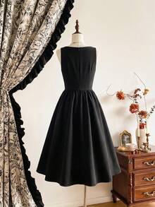 xheVintamour Vestido vintage elegante para mujer con bolsillos, cruzado, con cadena y botones metálicos, vestido informal para vacaciones de otoño.xhe - Negro - Ver 9