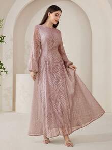 Veilorie Women's Elegant Contrast Lace Lantern Sleeve Waist Cinched Dress, Suitable For Spring And Autumn - Dusty Pink - View 6