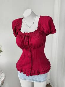 Sweetra Plus Size Women Solid Color Twist Pleated Fitted Casual Blouse - Red - View 5