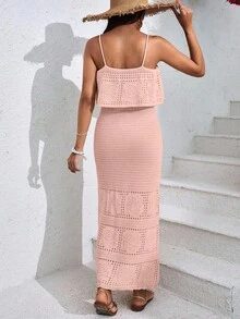 EURMUSE Women's Solid Color Vacation Style Openwork Knit Dress - Coral Pink - View 2