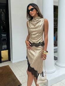 Aloruh 新款优雅性感高腰纯色不对称蕾丝迷你裙，适合派对、通勤、休闲复古风格 - 金色 - 查看 4