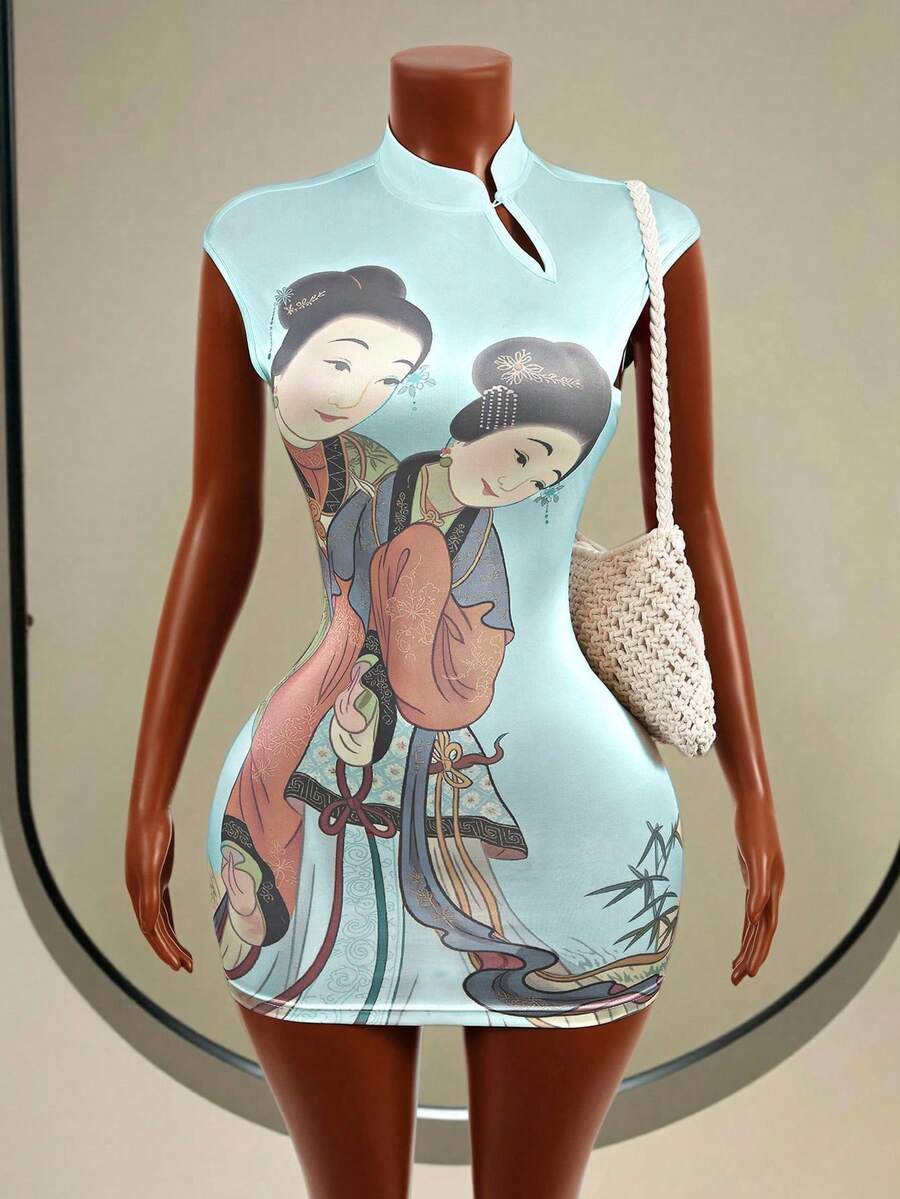 Mistrie New Chinese Style Retro Pattern Elastic Waist Bodycon Mini Dress - Baby Blue - View 1