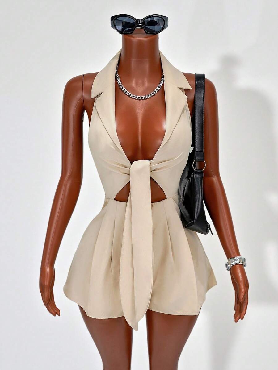 Mistrie 夏季新款卡其色纯色连体裤，性感镂空系带阔腿短裤，适合约会、通勤和成熟时尚风格，显瘦 - 卡其色 - 查看 1