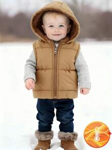 Baby Boy Casual Simple Hooded Padded Vest, Fashionable And Suitable For Daily Winter Wear, Outing And Playing, Baby Winter Clothing, 3 Months To 3 Years Old, Baby Brand Clothing Baby Boy Korean Style Jackets Baby Clothes For Winter Toddler Vest Cozy Winter Cloths For Toddler Winter Baby Clothes - Camel - View 6