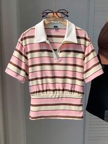 Comfortcana Women's 90s Retro Back-To-School Pink And White Striped Polo Shirt,Summer Casual Short Sleeve Ruffle Graphic Tee Tops For School Clothing - White - View 3