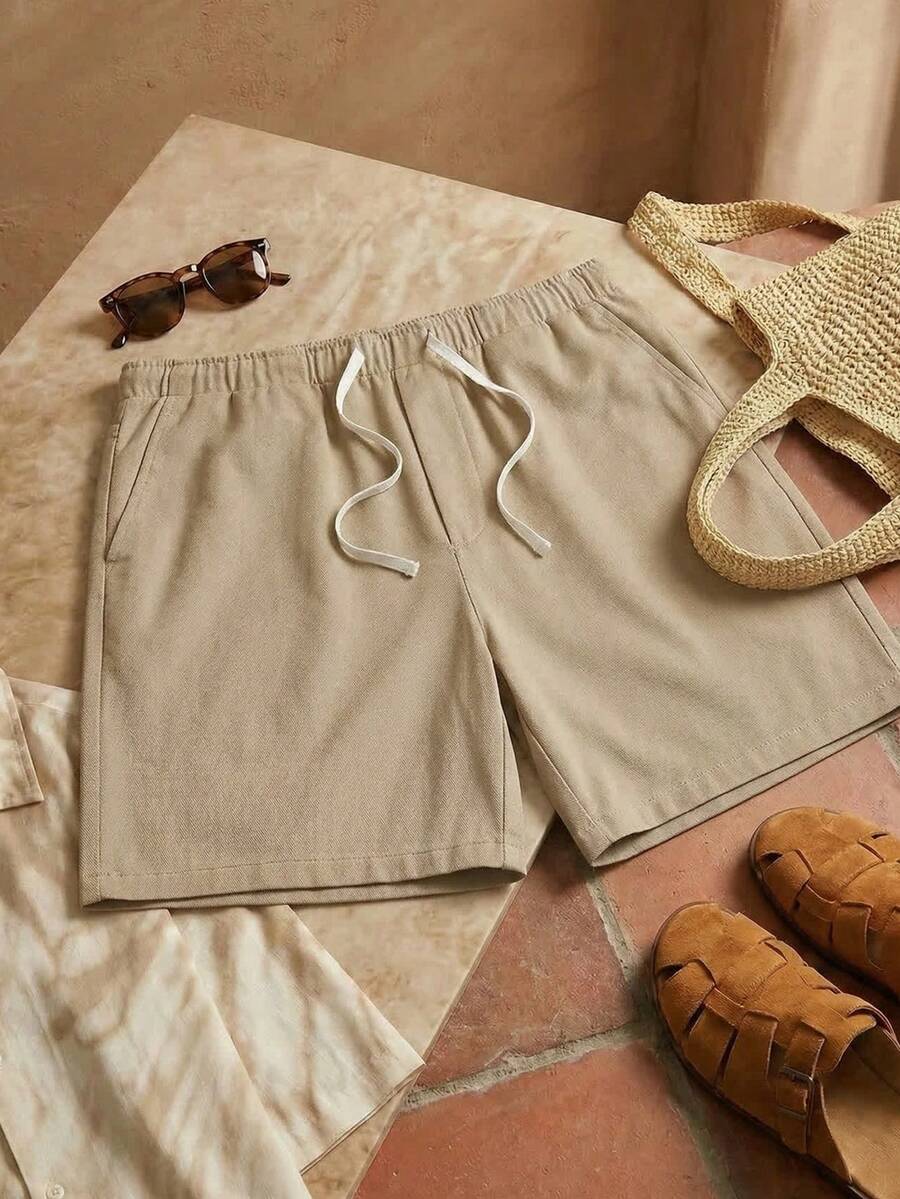 AKNOTIC Business Casual 男士纯色抽绳腰休闲短裤，春夏款