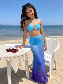 SHEIN Tween Girl Vacation 3pcs Blue Starfish Metal Button Bikini 3 Pieces Set, Beach Holiday - Blue - View 2