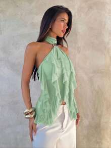 Aloruh Áo camisole nữ thanh lịch nhiều lớp, cổ đứng, viền bèo nhún, ôm sát. - Màu xanh Ô liu - Xem 4
