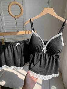 Comfortcana Plus Size Contrast Color Trim Bow Decor Camisole And Shorts 2 Pieces Set - Dark Grey - View 3
