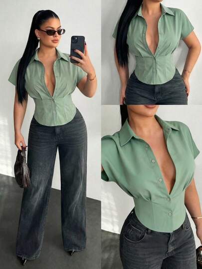 SHEIN SXY 大码纯色短袖褶皱前开襟衬衫