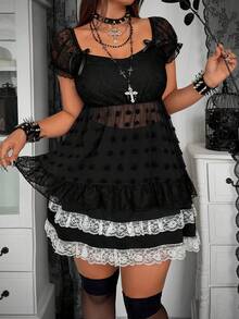 Whyspr 朋克风黑色蕾丝拼接毛球提花女式衬衫 - 黑色 - 查看 6