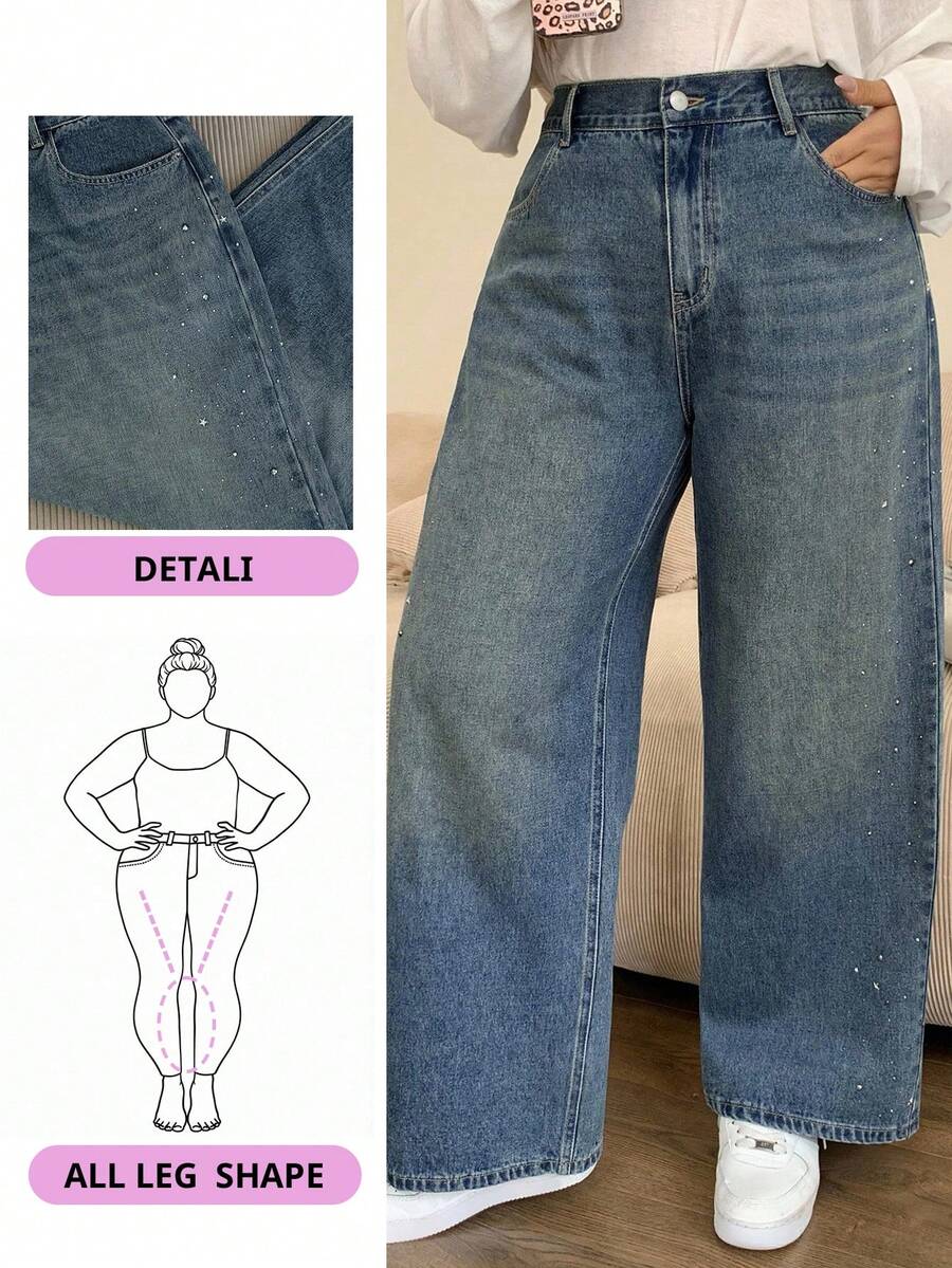 Dazy Petite Plus Quần jean dài dáng suông rộng đính sequin, phù hợp cho mọi mùa - Rửa trung bình - Xem 1