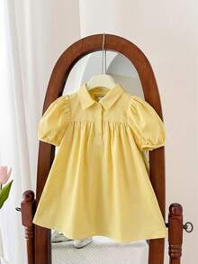 SHEIN LMoss Kids 女婴可爱绿色短袖翻领连衣裙，夏季 - 黃色 - 查看 5