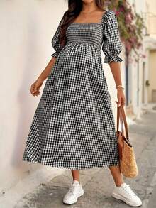 SHEIN Đầm bầu kiểu vintage giản dị, phong cách nghỉ dưỡng, cổ vuông, tay bồng, in họa tiết, thích hợp cho mùa xuân/hè/thu. - Đen và trắng - Xem 6