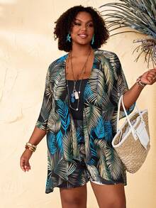EMERY ROSE Ensemble 2 pièces grande taille pour femmes, veste kimono et short imprimé feuilles tropicales, printemps/été - Multicolore - Voir 4