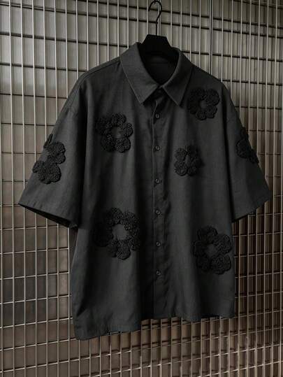 AXEPEAK Camisa de Manga Curta com Botões, Textura Floral 3D e Cor Sólida, Moda Masculina Simples