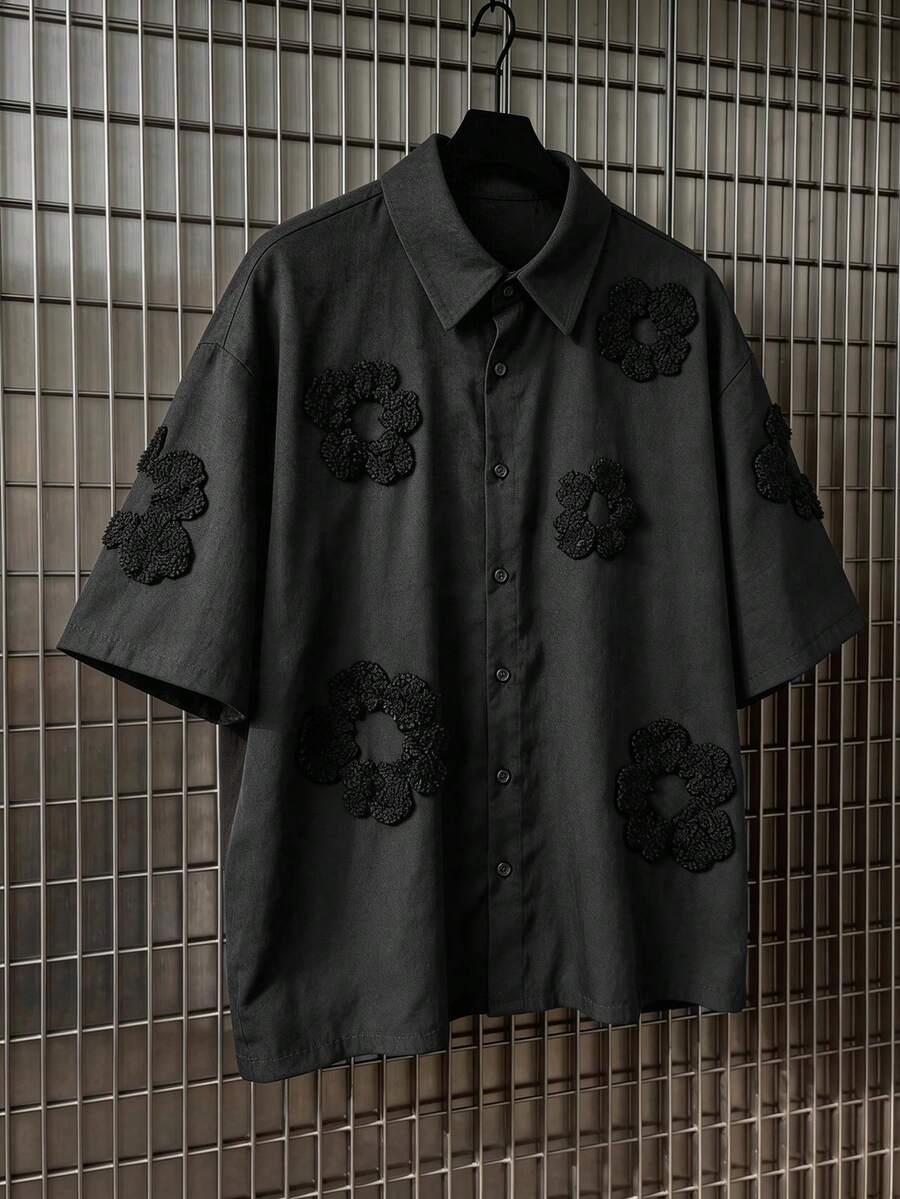 AXEPEAK Men's Fashion Simple 3D Floral Textured Solid Color Button-Down Short Sleeve Shirt - Black - View 1